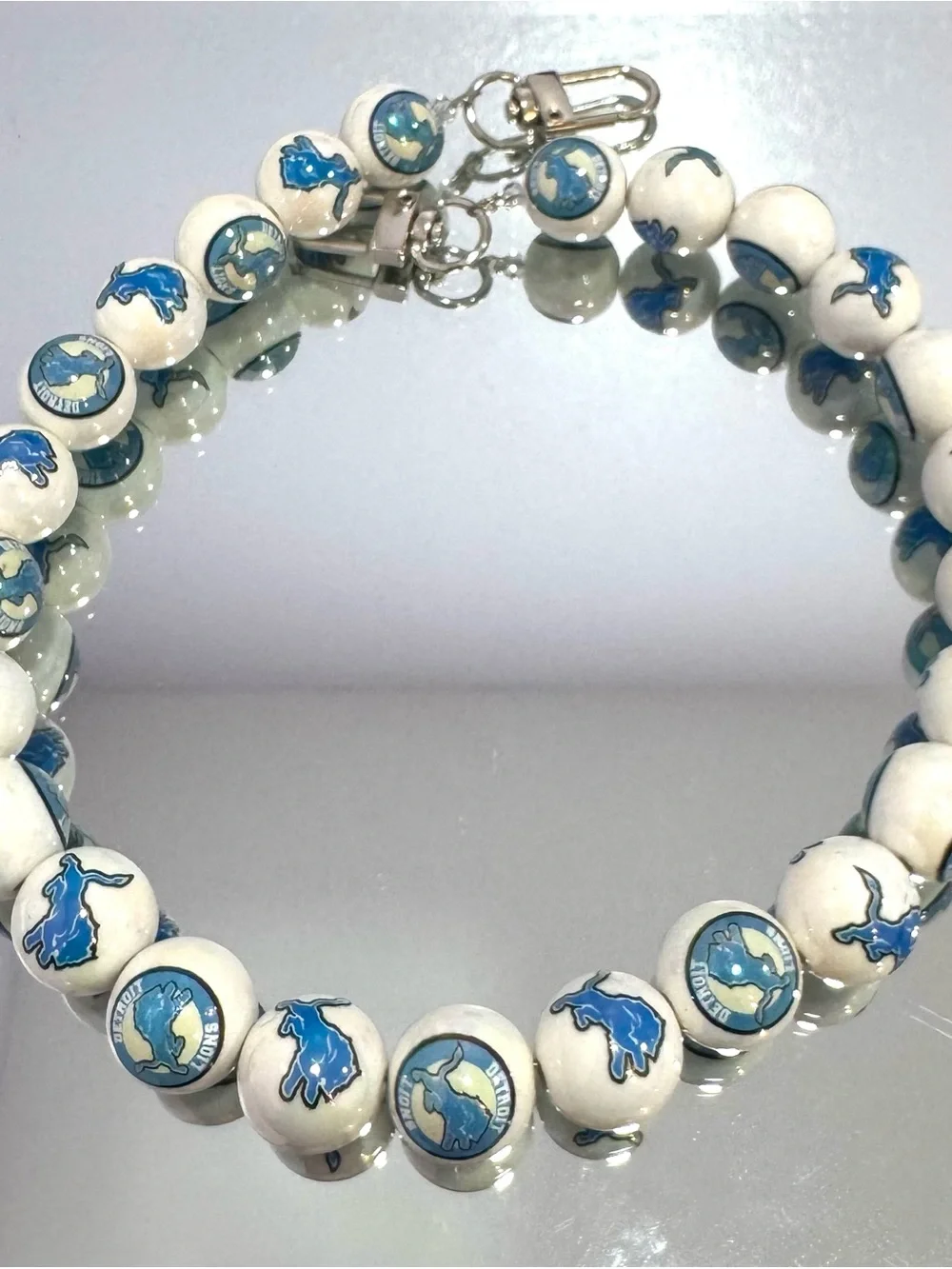 New White and Blue Beaded Lion Bag Chain 18 inches